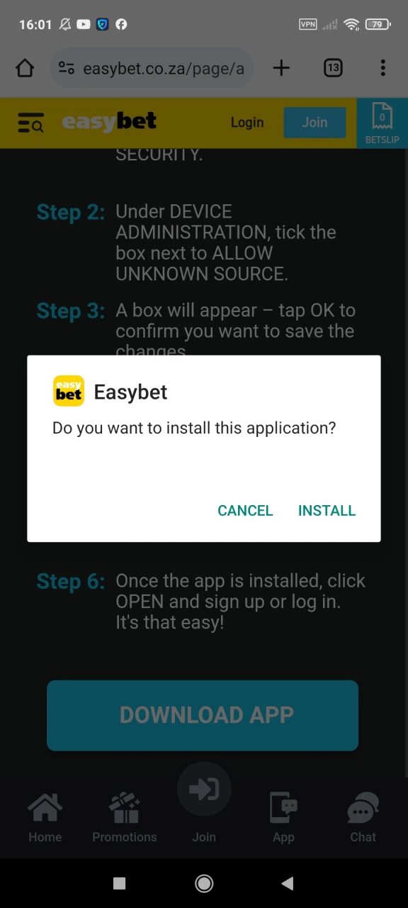 Start installing the EasyBet application on Android.