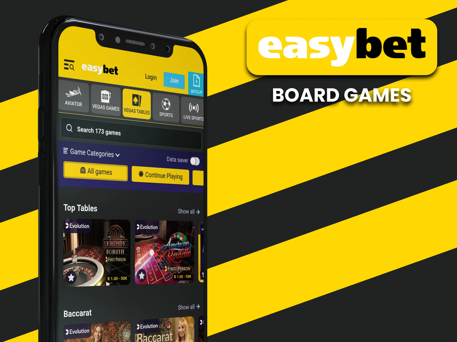 Choose table games in the EasyBet app.