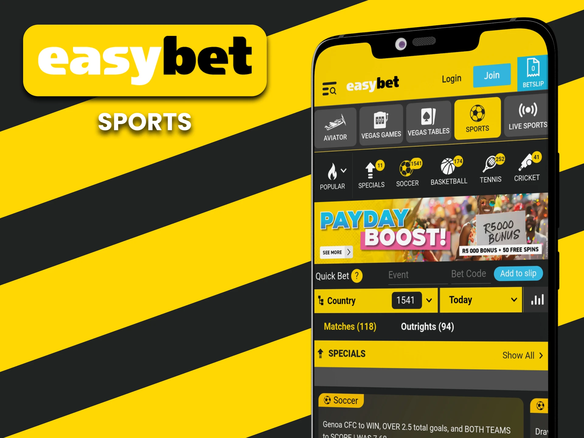 Visit the sports section in the EasyBet app.