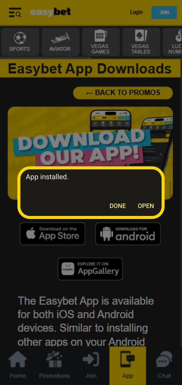 Open the installed Easybet app to start betting and playing.