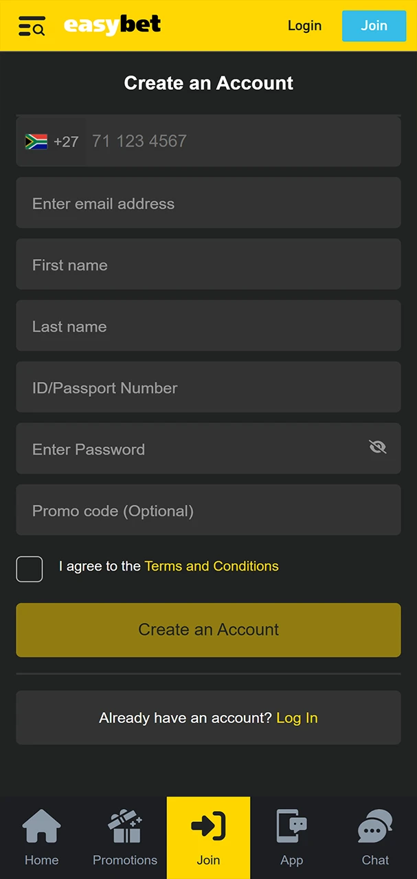 Create an Easybet account.