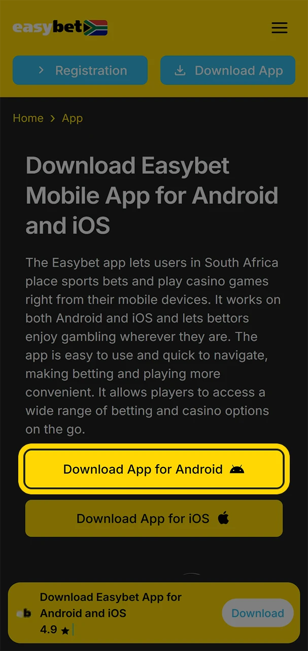 Click our link to download the Easybet app on your Android device.