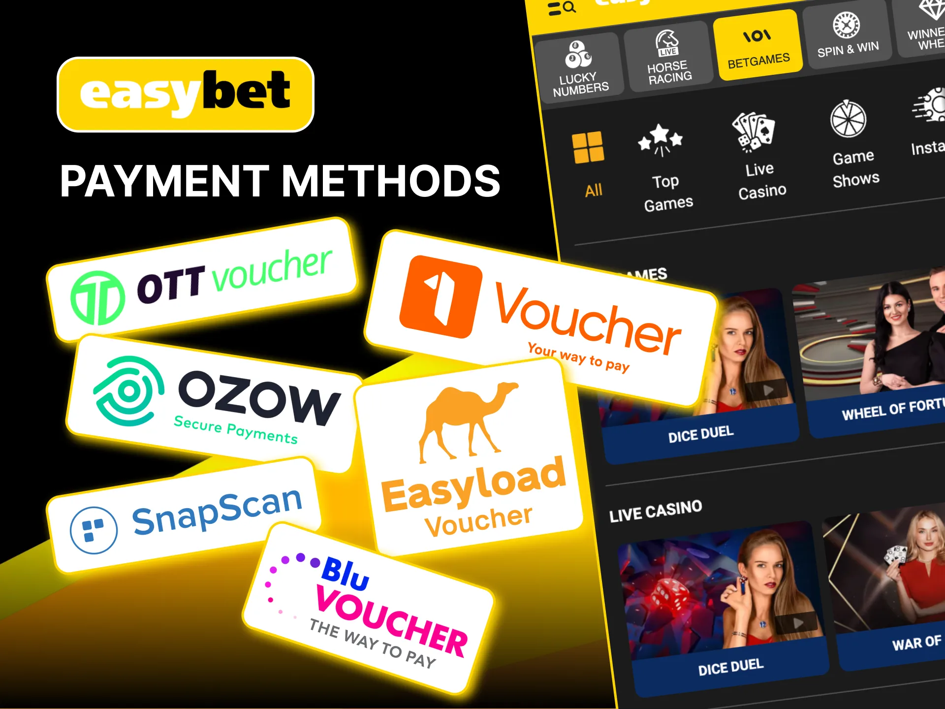 Deposit and withdraw funds on Easybet with options like credit cards and OZOW.