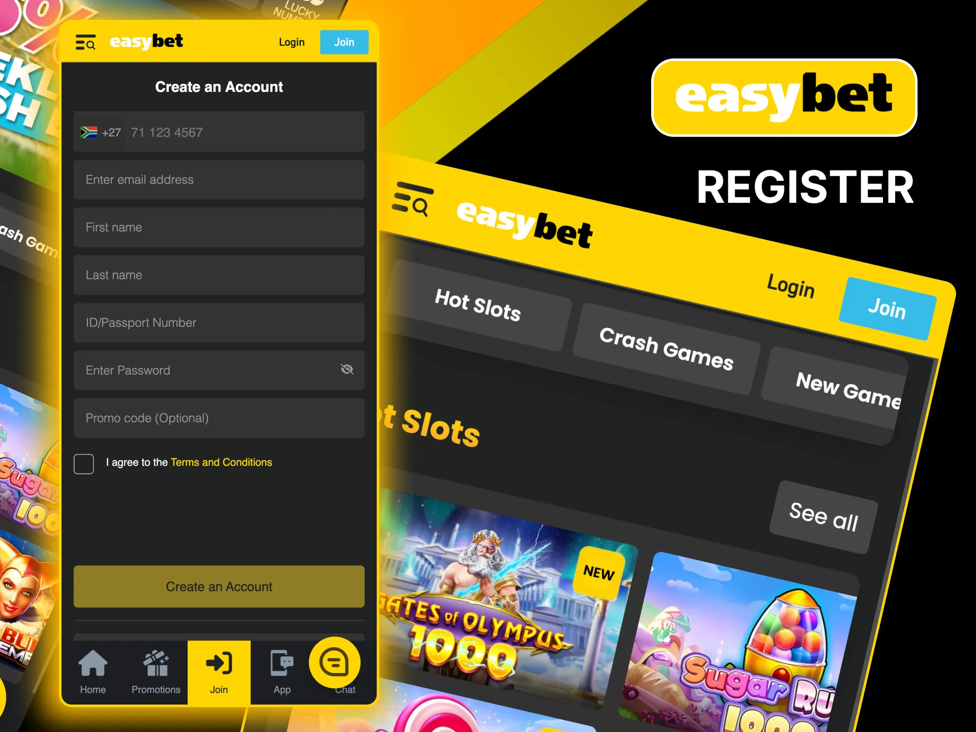 Register on Easybet via the app by providing personal info and accepting the terms.