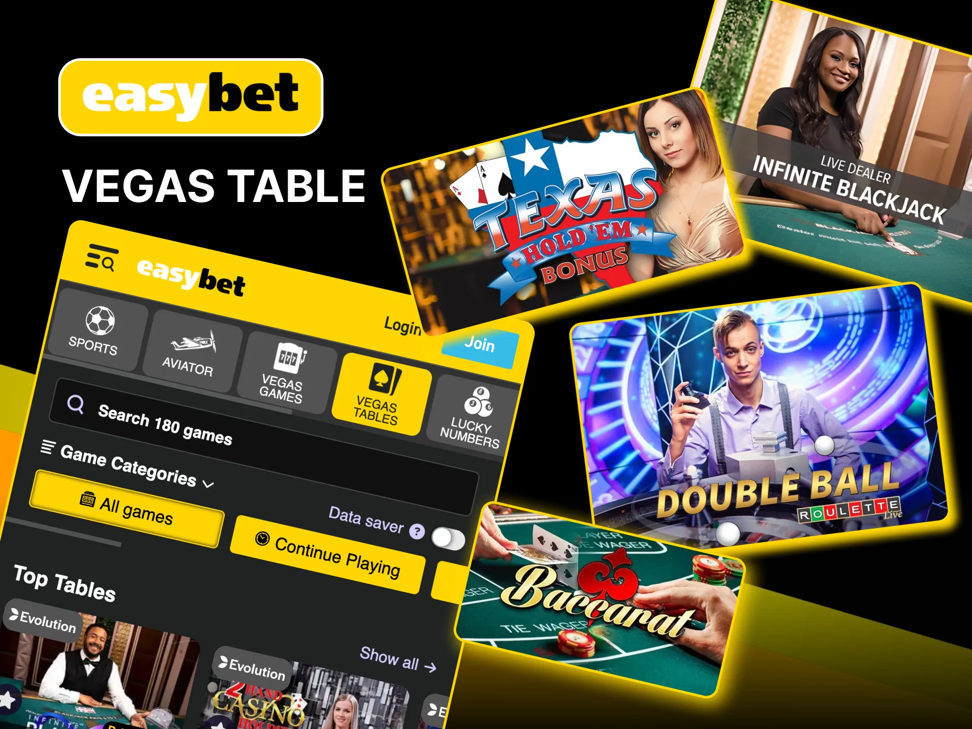 Experience thrilling Vegas table games on Easybet, including speedy Baccarat and Poker bonuses.