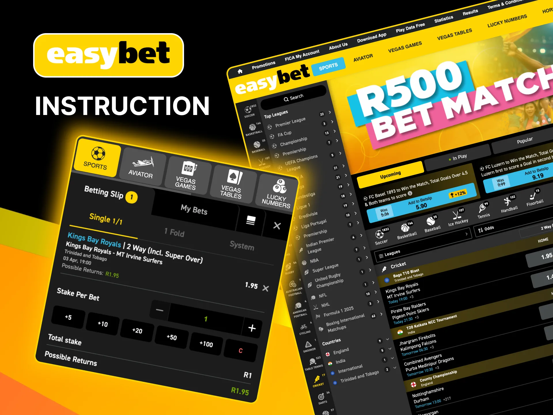 Bet on Easybet by exploring sports events, selecting options, and entering your stake.