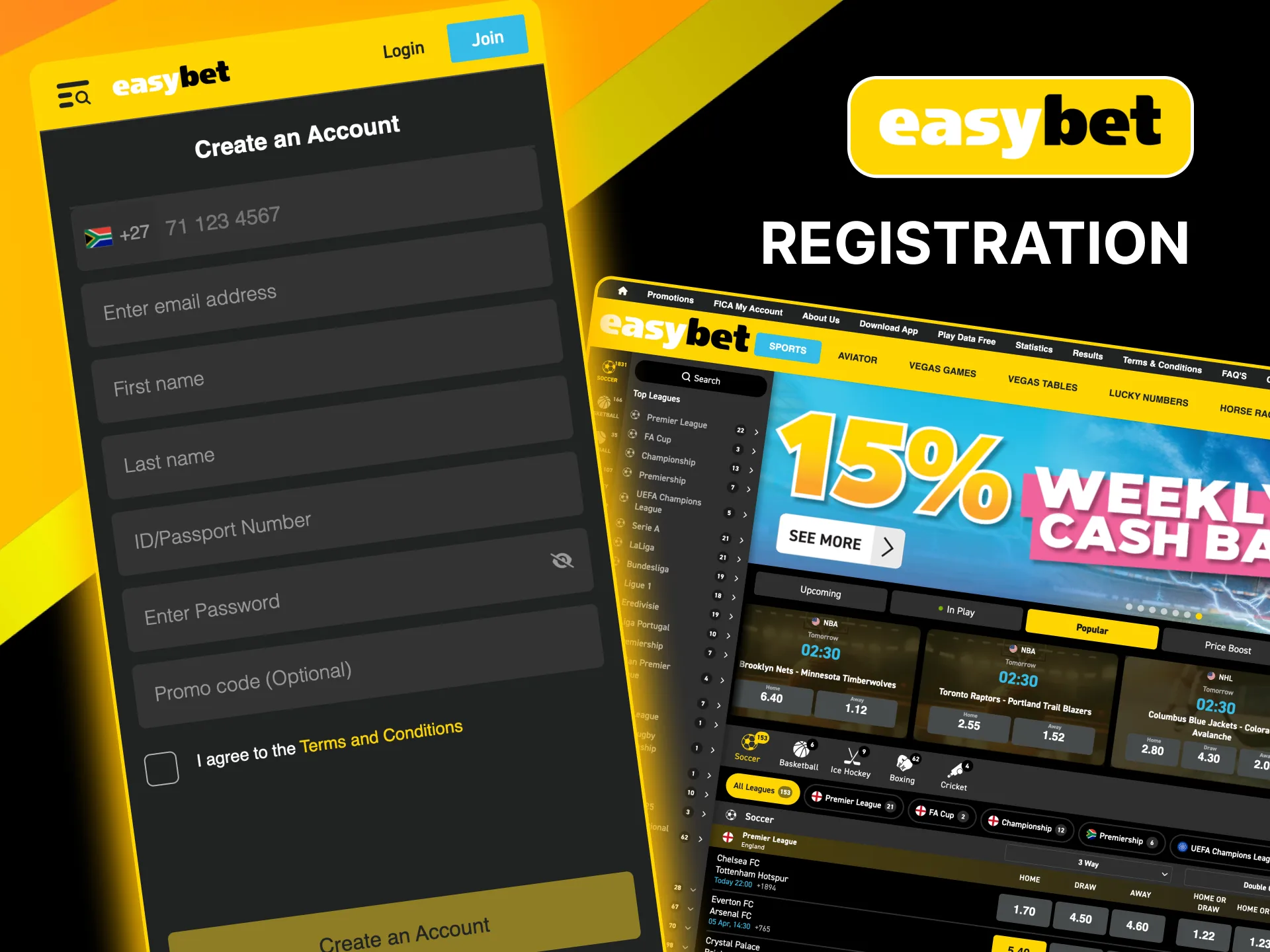 Create an Easybet account by filling in personal details and setting a password on the homepage.