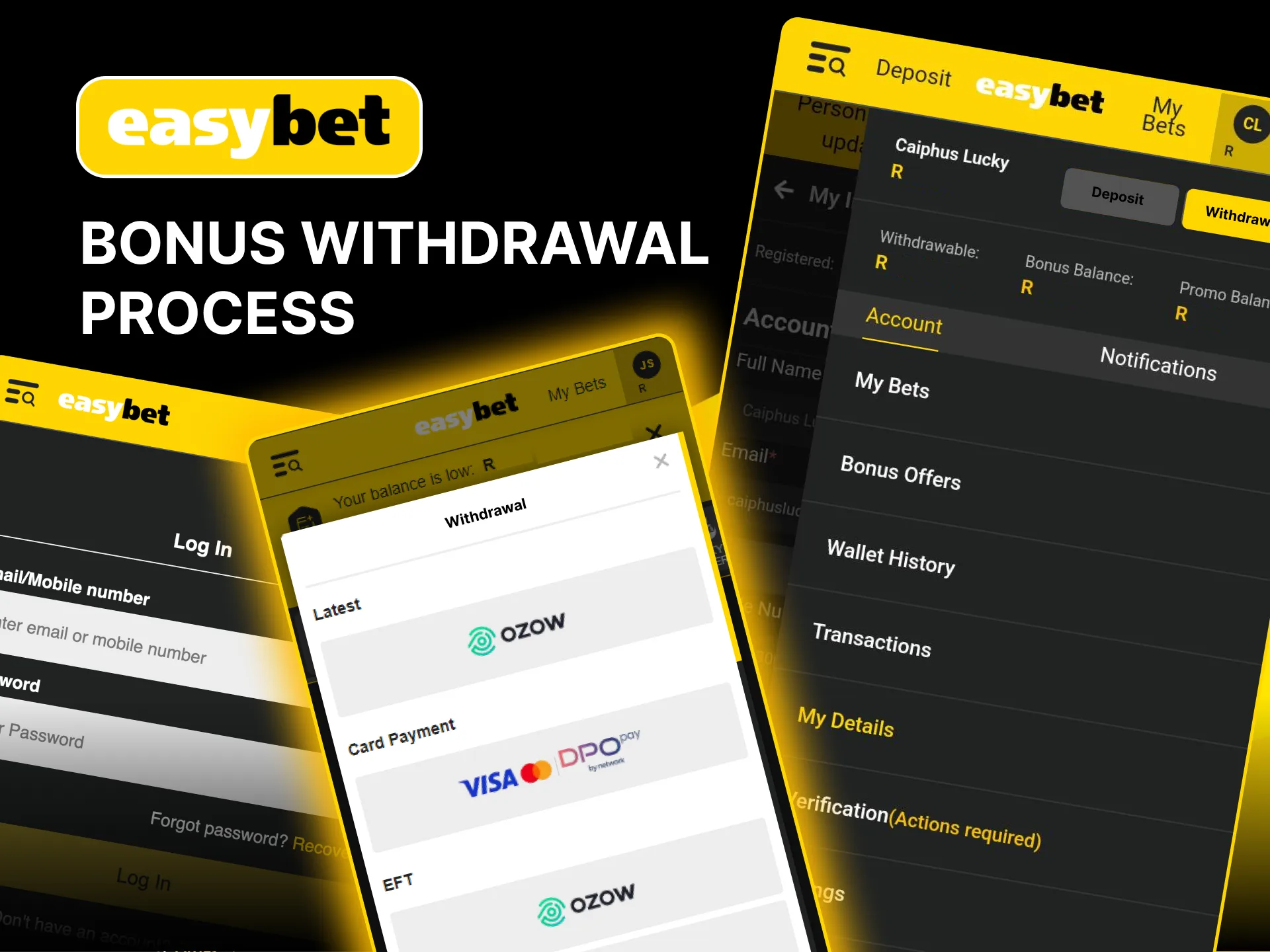Withdraw Easybet bonuses by choosing a method, entering details, and confirming transactions.