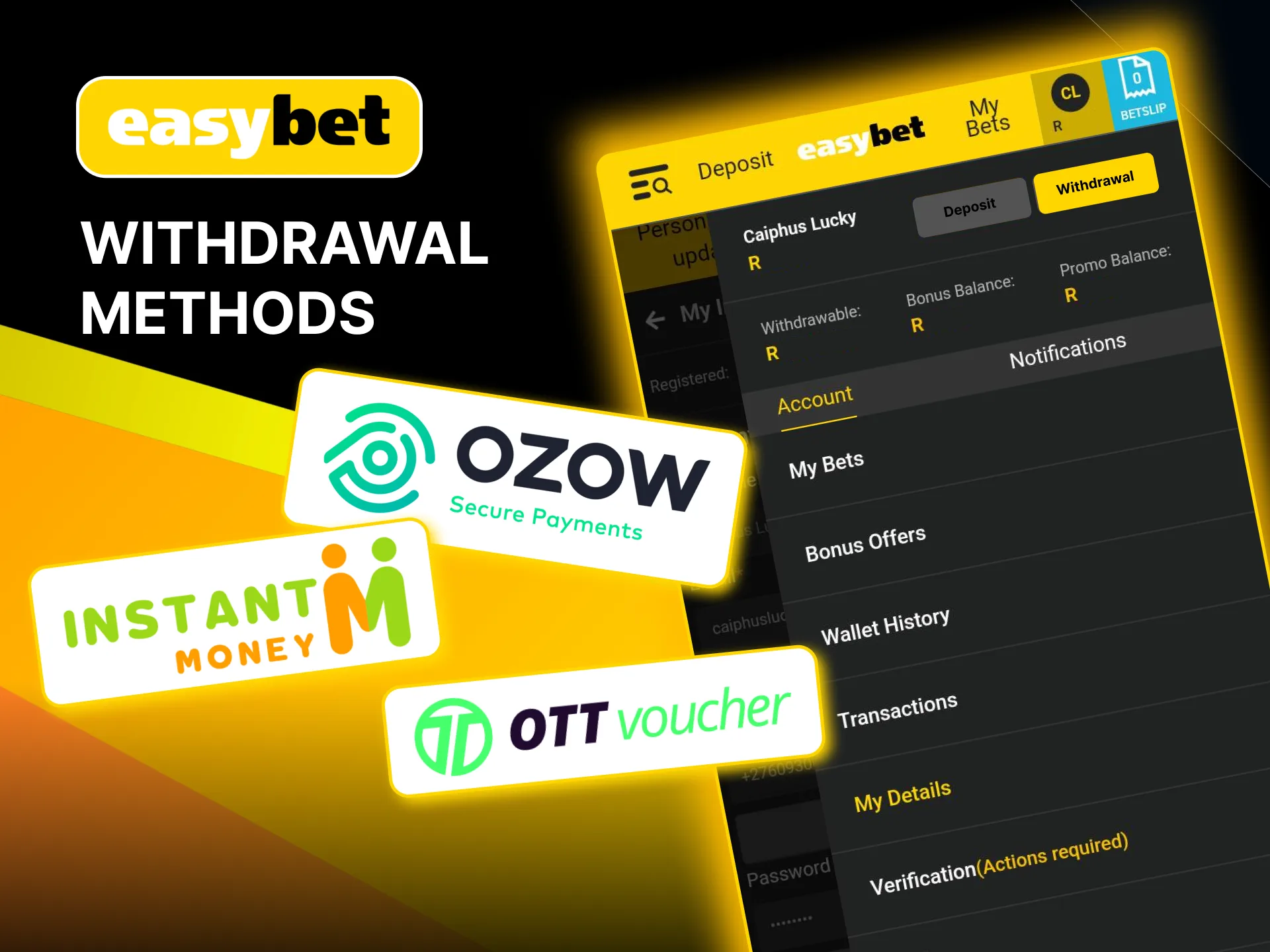Clients can withdraw Easybet funds to registered accounts using trusted payment options.