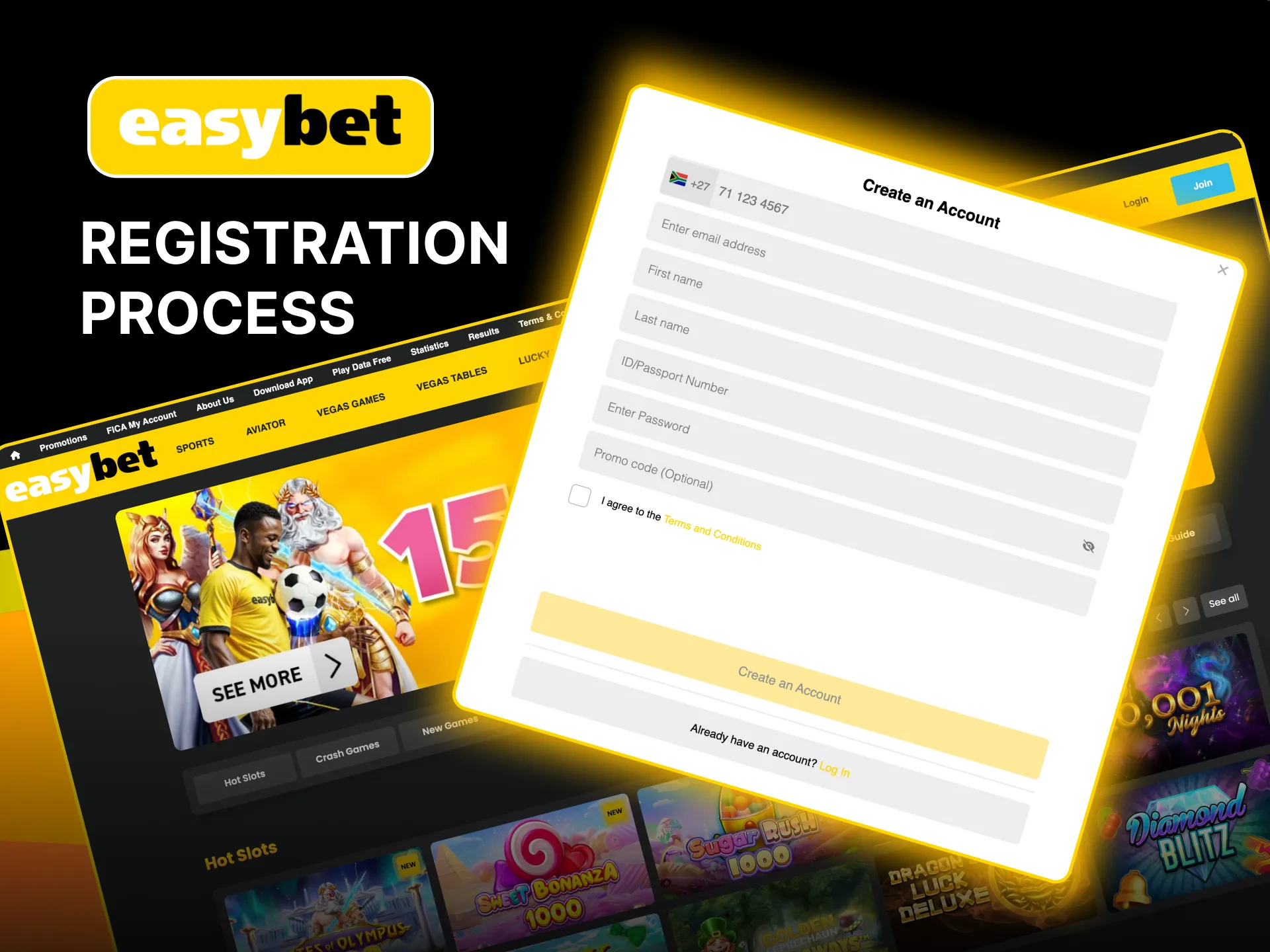 Sign up on Easybet by entering your phone, email, ID, and creating a strong password.
