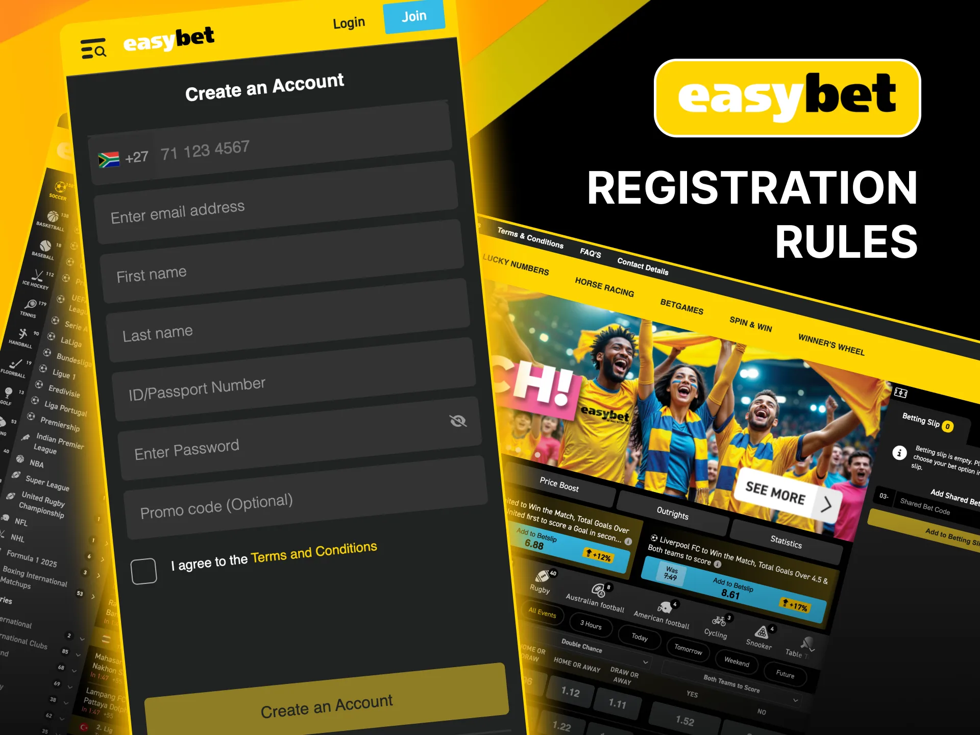 Easybet registration requires users to be 18+, provide accurate details, and have one account.