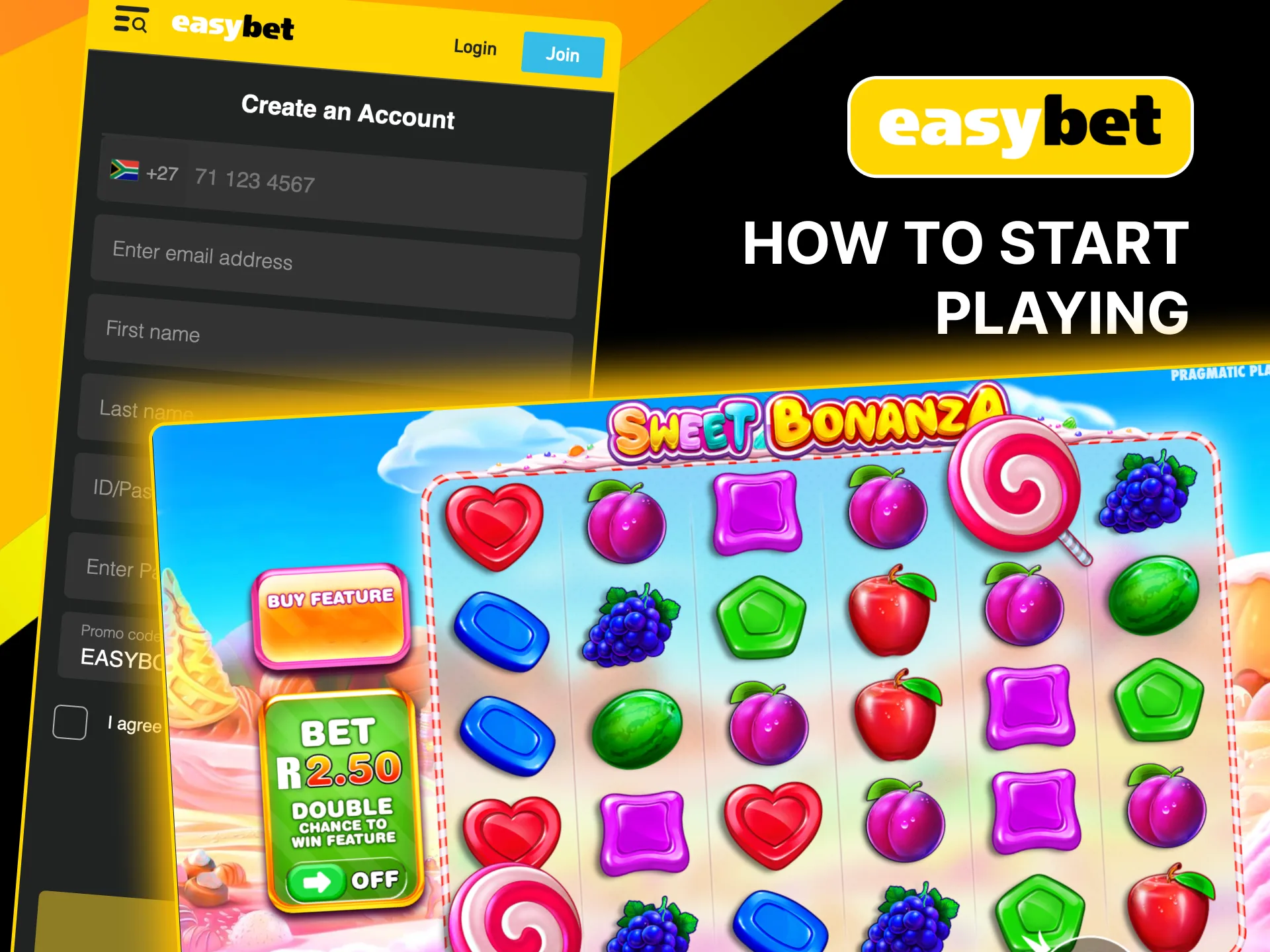 Easybet guide: register, fund your account, and search for Sweet Bonanza to play.